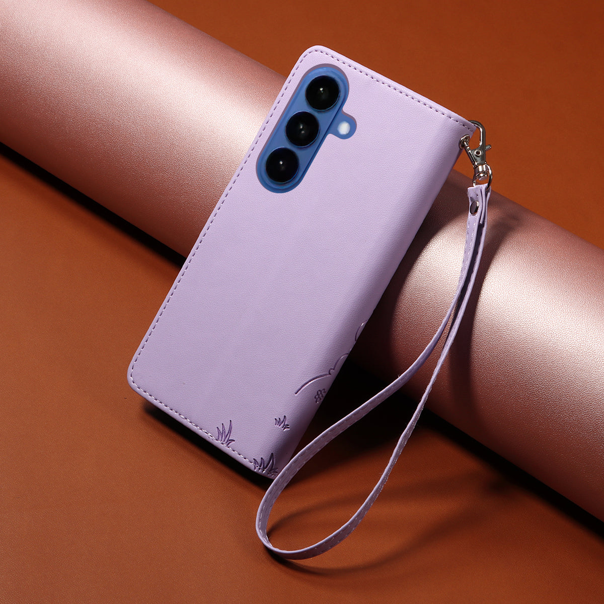 For-Samsung-Galaxy-S26-/-S26-Pro-Case-RFID-Blocking-Imprinted-Dog-Pattern-PU-Leather-Phone-Cover-with-Wrist-Strap-Purple