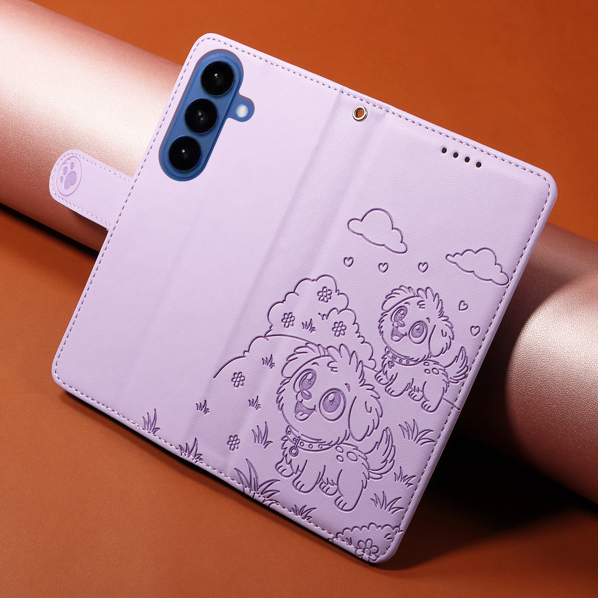 For-Samsung-Galaxy-S26-/-S26-Pro-Case-RFID-Blocking-Imprinted-Dog-Pattern-PU-Leather-Phone-Cover-with-Wrist-Strap-Purple