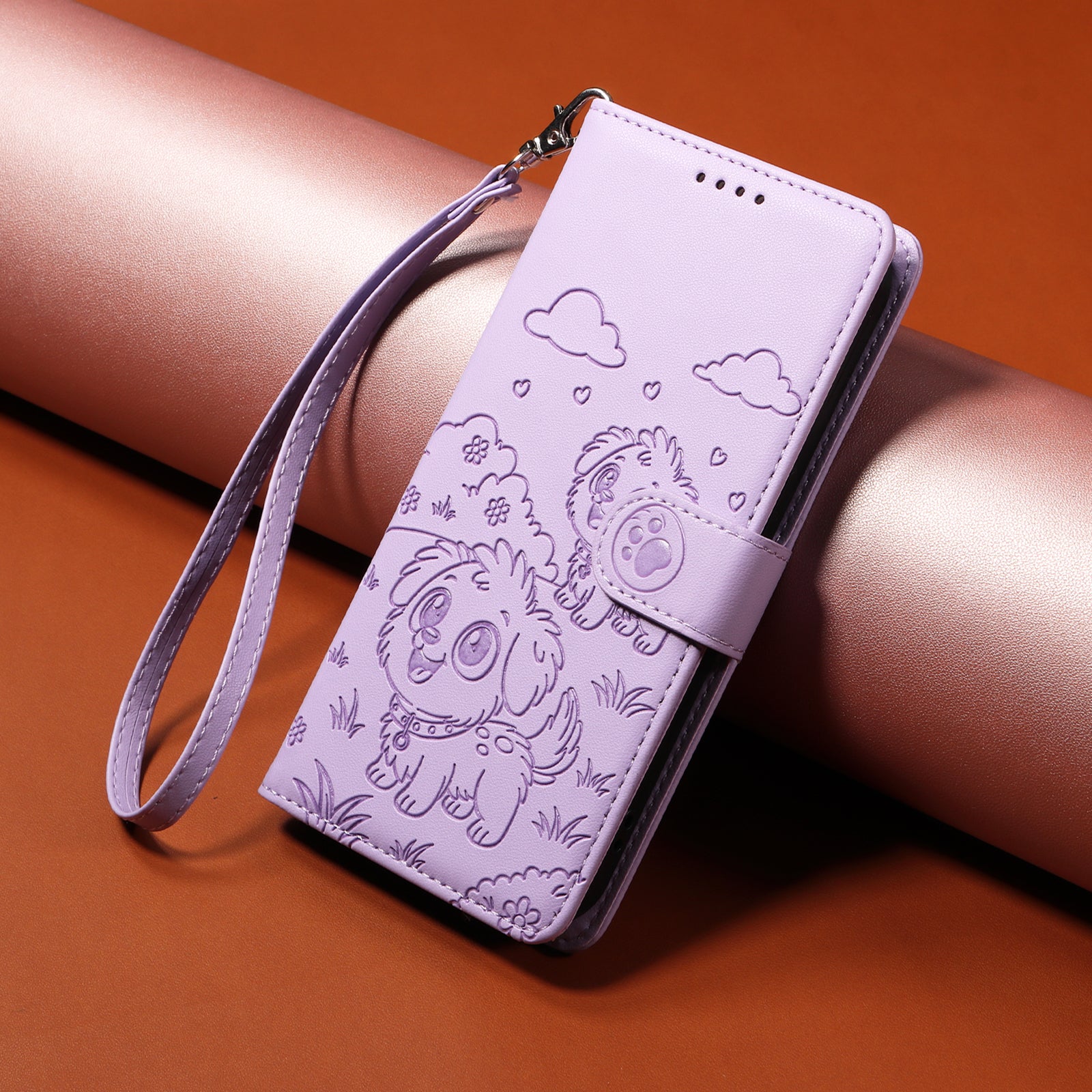For-Samsung-Galaxy-S26-/-S26-Pro-Case-RFID-Blocking-Imprinted-Dog-Pattern-PU-Leather-Phone-Cover-with-Wrist-Strap-Purple