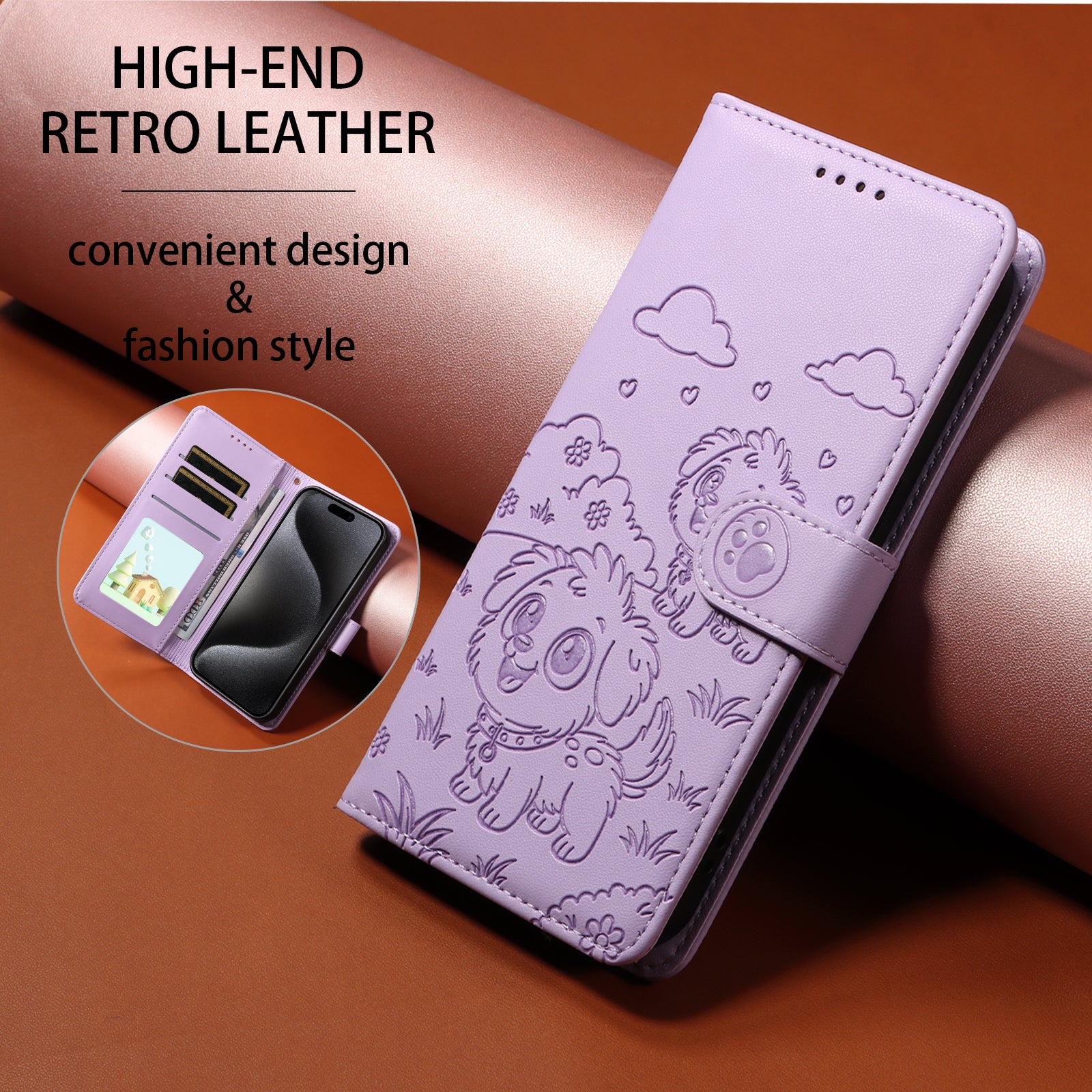 For-Samsung-Galaxy-S26-/-S26-Pro-Case-RFID-Blocking-Imprinted-Dog-Pattern-PU-Leather-Phone-Cover-with-Wrist-Strap-Purple