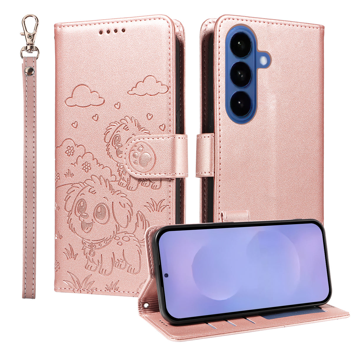 For-Samsung-Galaxy-S26-/-S26-Pro-Case-RFID-Blocking-Imprinted-Dog-Pattern-PU-Leather-Phone-Cover-with-Wrist-Strap-Pink