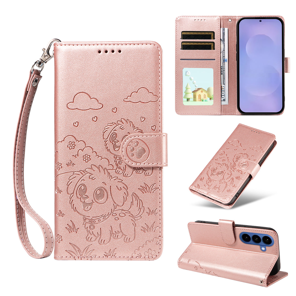 For-Samsung-Galaxy-S26-/-S26-Pro-Case-RFID-Blocking-Imprinted-Dog-Pattern-PU-Leather-Phone-Cover-with-Wrist-Strap-Pink