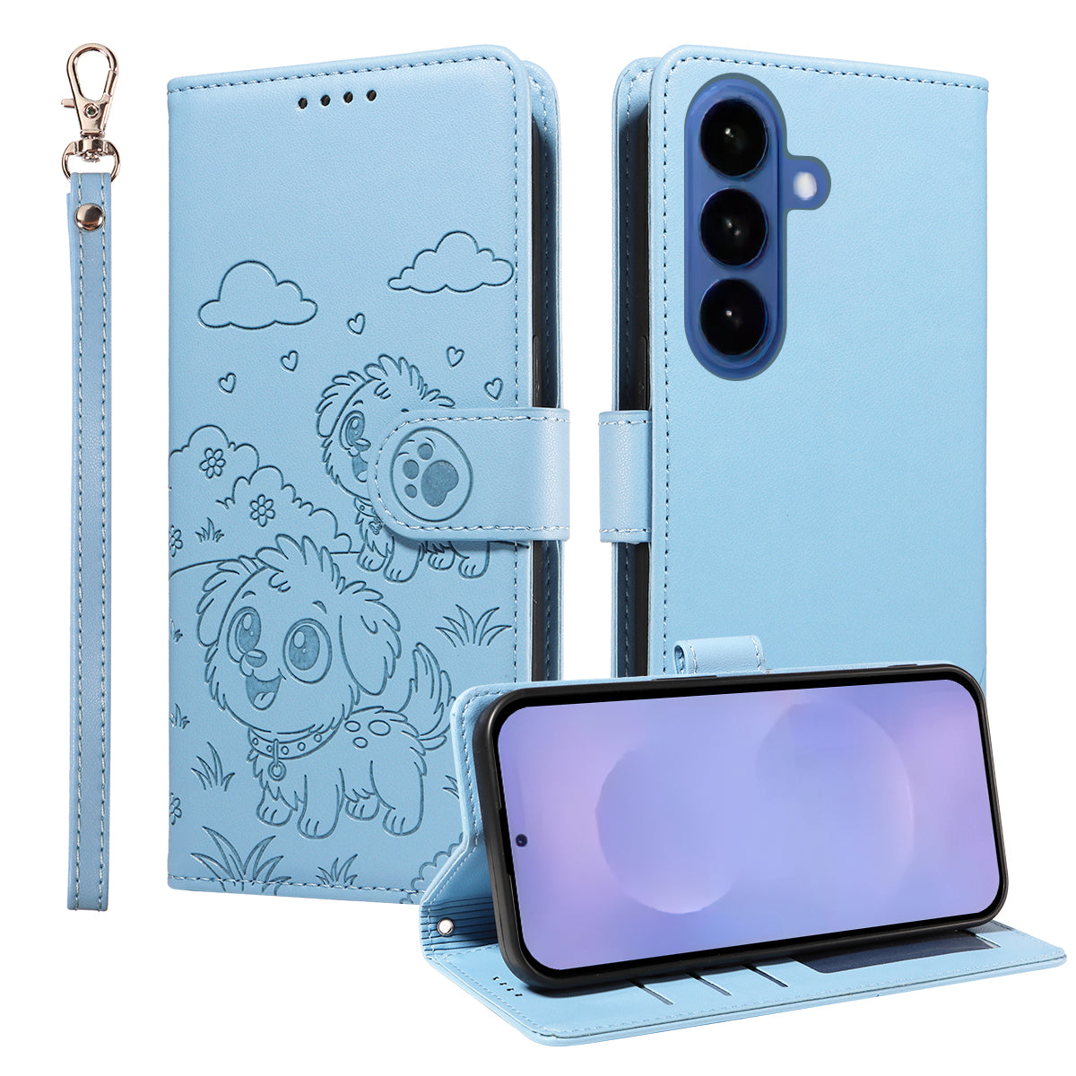 For-Samsung-Galaxy-S26-/-S26-Pro-Case-RFID-Blocking-Imprinted-Dog-Pattern-PU-Leather-Phone-Cover-with-Wrist-Strap-Blue