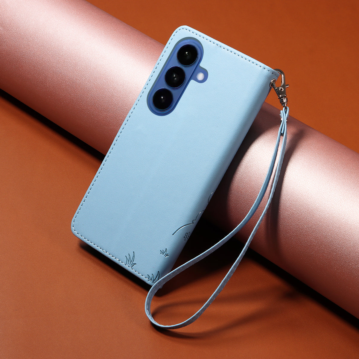 For-Samsung-Galaxy-S26-/-S26-Pro-Case-RFID-Blocking-Imprinted-Dog-Pattern-PU-Leather-Phone-Cover-with-Wrist-Strap-Blue