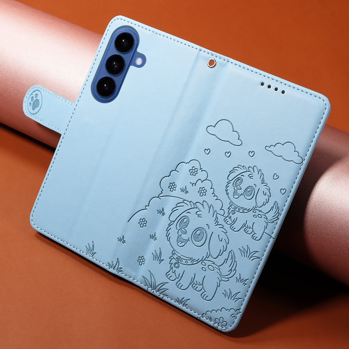 For-Samsung-Galaxy-S26-/-S26-Pro-Case-RFID-Blocking-Imprinted-Dog-Pattern-PU-Leather-Phone-Cover-with-Wrist-Strap-Blue