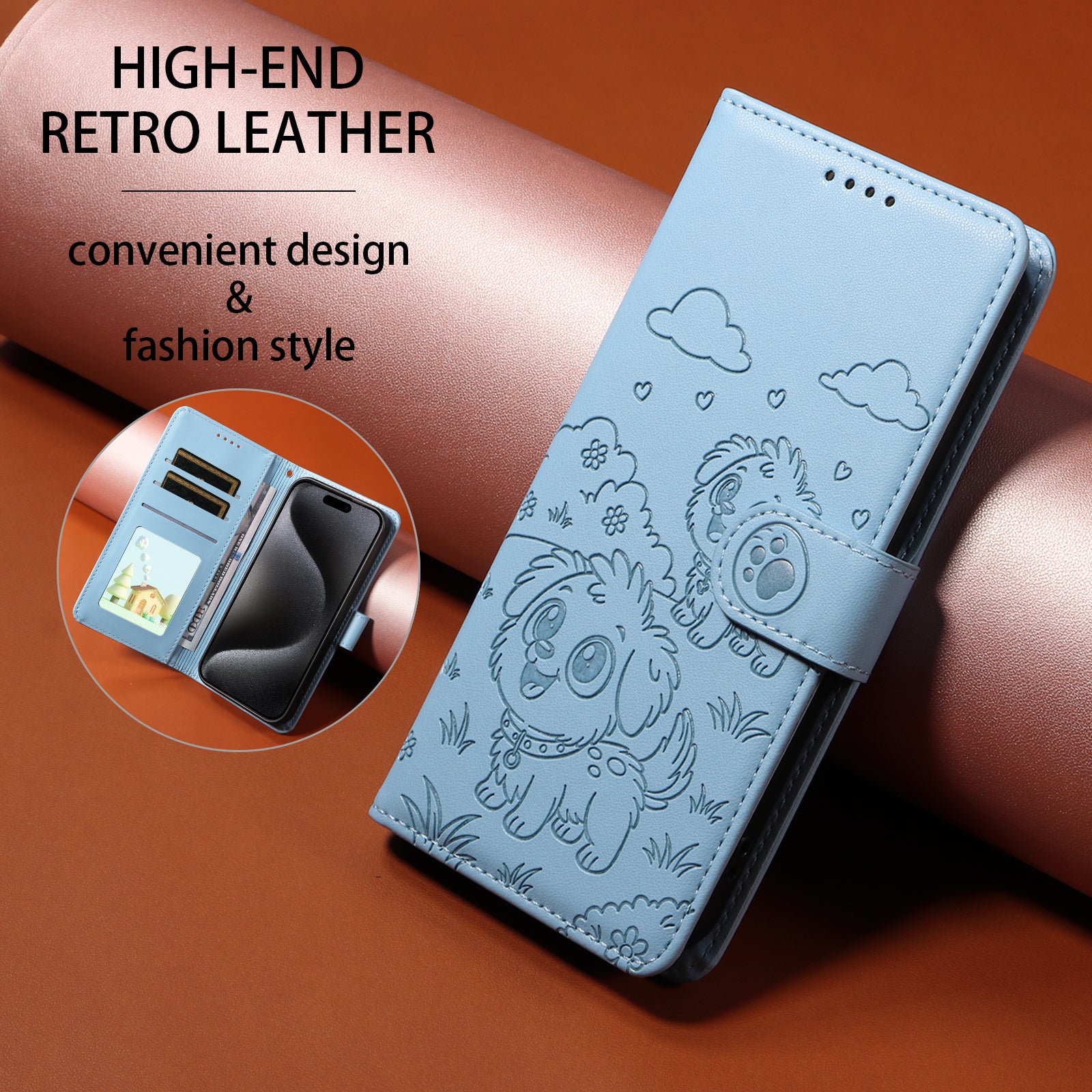 For-Samsung-Galaxy-S26-/-S26-Pro-Case-RFID-Blocking-Imprinted-Dog-Pattern-PU-Leather-Phone-Cover-with-Wrist-Strap-Blue