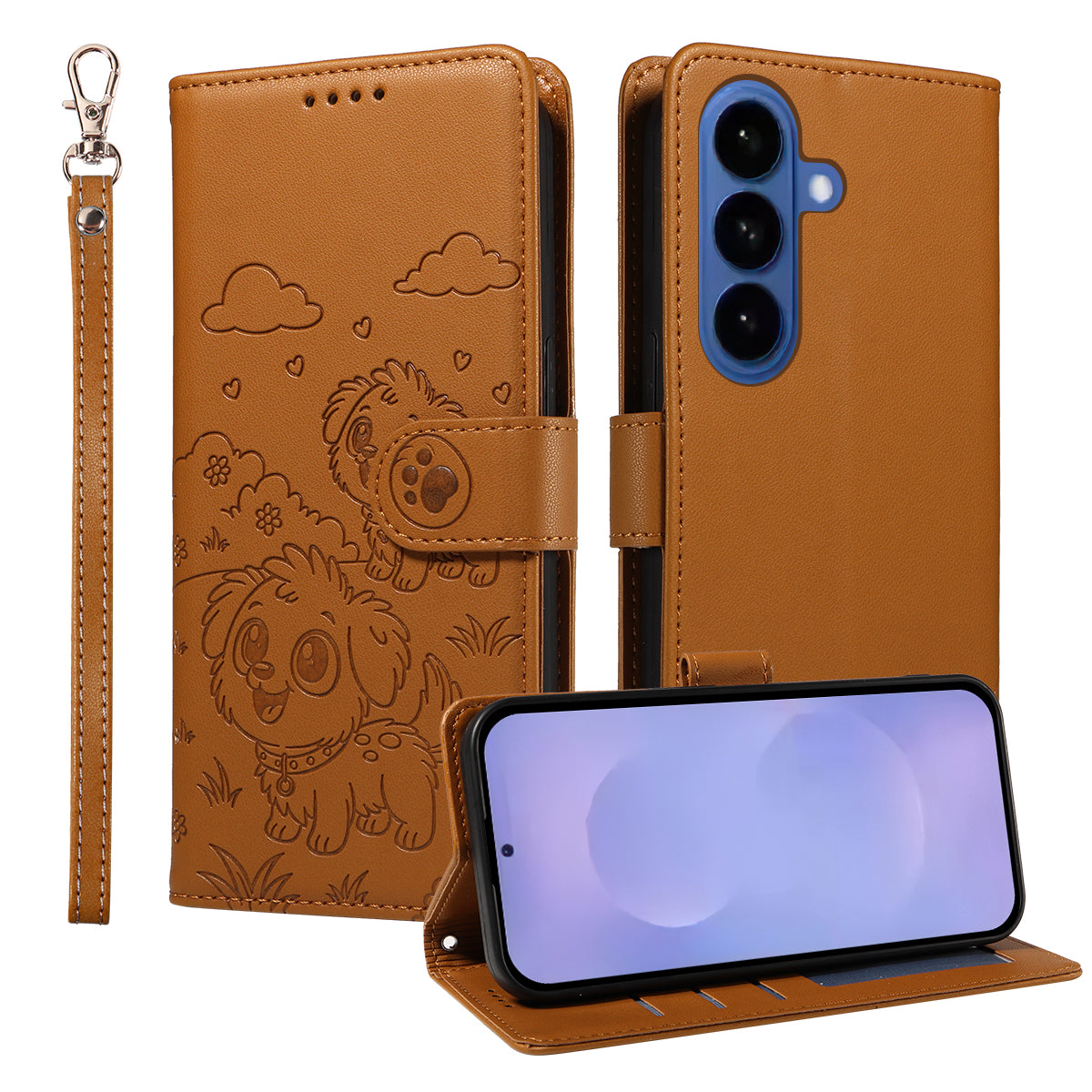 For-Samsung-Galaxy-S26-/-S26-Pro-Case-RFID-Blocking-Imprinted-Dog-Pattern-PU-Leather-Phone-Cover-with-Wrist-Strap-Brown