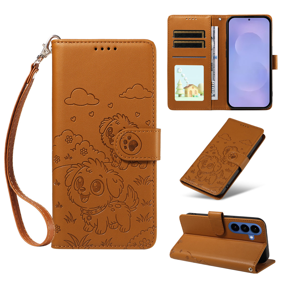 For-Samsung-Galaxy-S26-/-S26-Pro-Case-RFID-Blocking-Imprinted-Dog-Pattern-PU-Leather-Phone-Cover-with-Wrist-Strap-Brown
