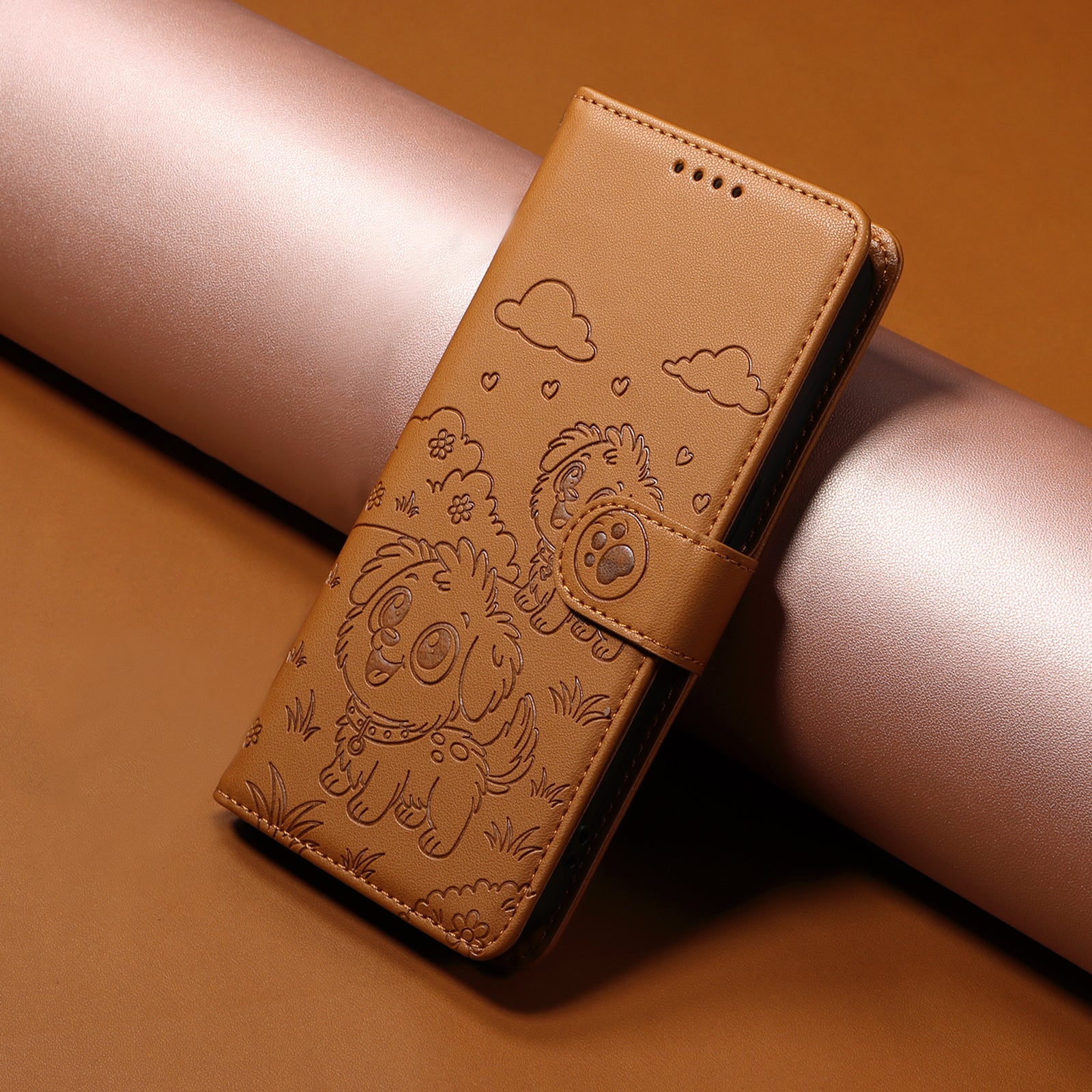 For-Samsung-Galaxy-S26-/-S26-Pro-Case-RFID-Blocking-Imprinted-Dog-Pattern-PU-Leather-Phone-Cover-with-Wrist-Strap-Brown