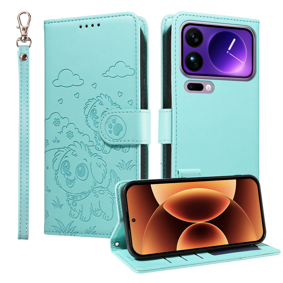 For Xiaomi 17 Pro Max Case RFID Blocking Imprinted Dog Pattern PU Leather Phone Cover with Wrist Strap - Green