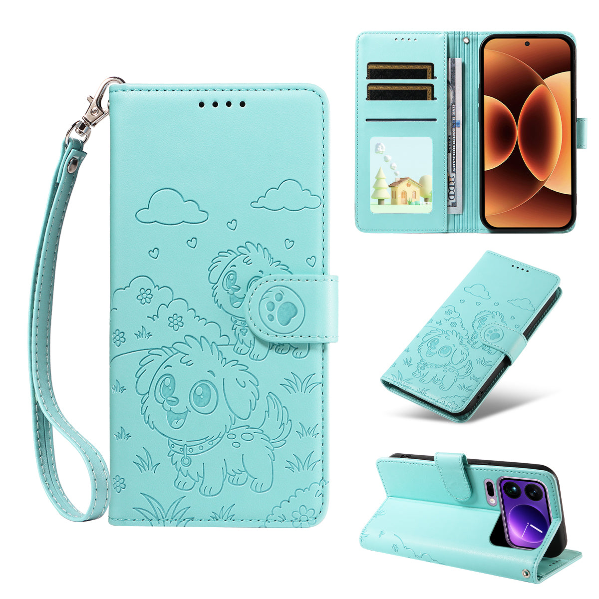 For Xiaomi 17 Pro Max Case RFID Blocking Imprinted Dog Pattern PU Leather Phone Cover with Wrist Strap - Green