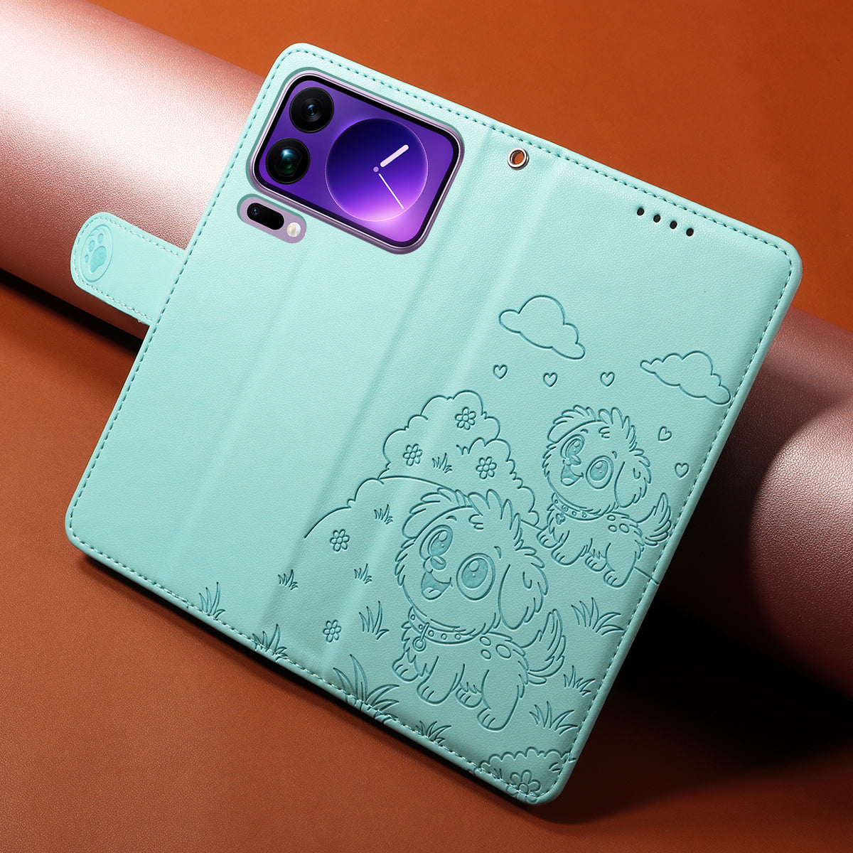 For Xiaomi 17 Pro Max Case RFID Blocking Imprinted Dog Pattern PU Leather Phone Cover with Wrist Strap - Green