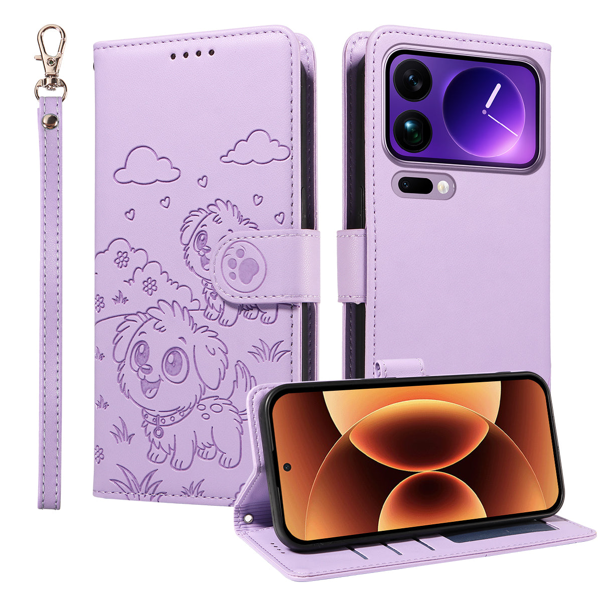 For Xiaomi 17 Pro Max Case RFID Blocking Imprinted Dog Pattern PU Leather Phone Cover with Wrist Strap - Purple