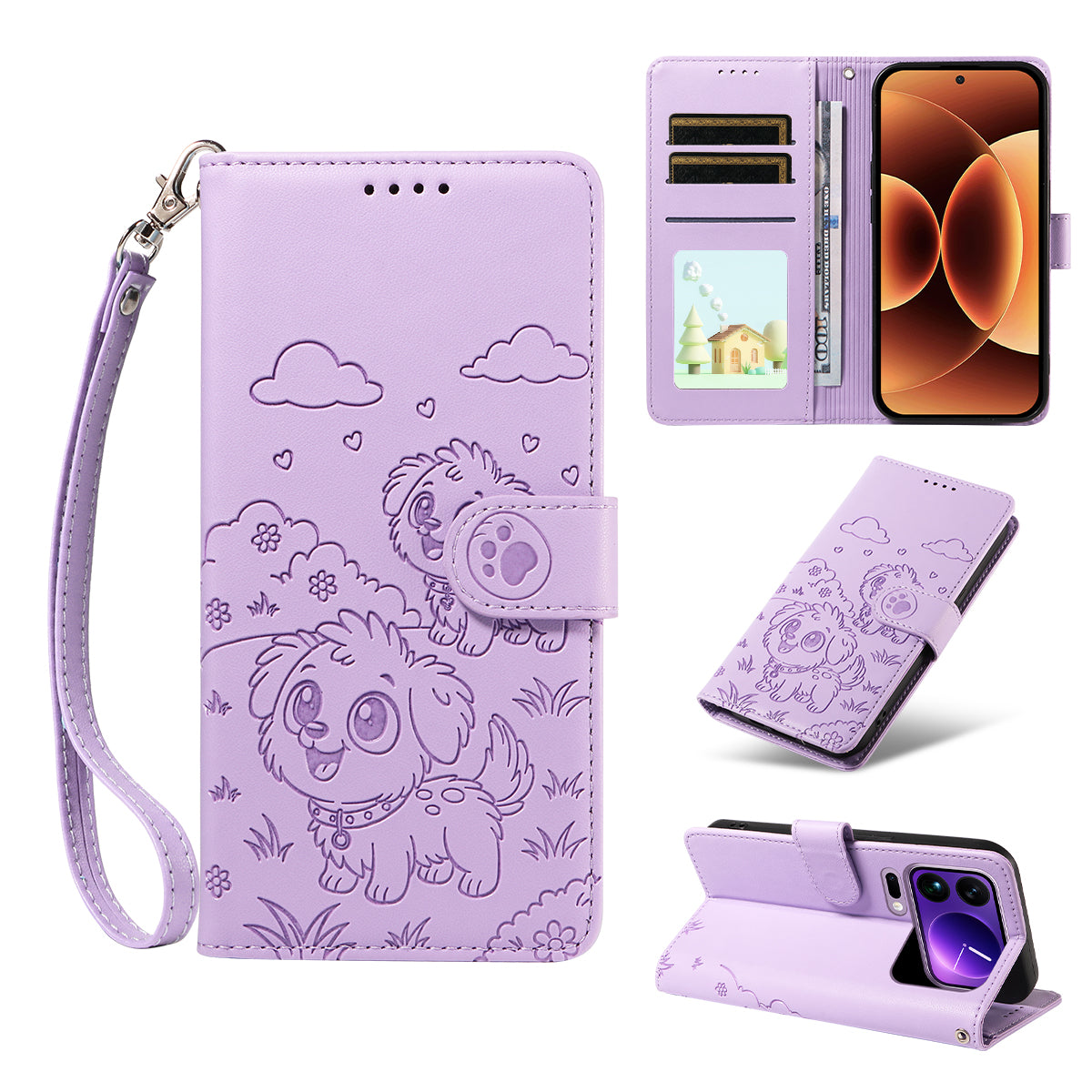 For Xiaomi 17 Pro Max Case RFID Blocking Imprinted Dog Pattern PU Leather Phone Cover with Wrist Strap - Purple