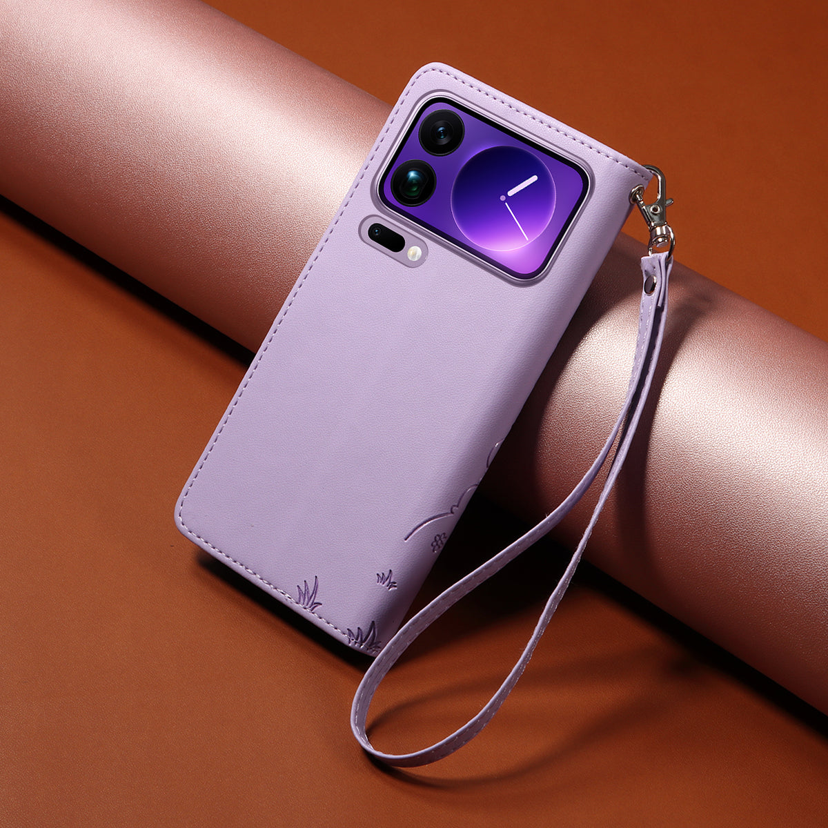 For Xiaomi 17 Pro Max Case RFID Blocking Imprinted Dog Pattern PU Leather Phone Cover with Wrist Strap - Purple