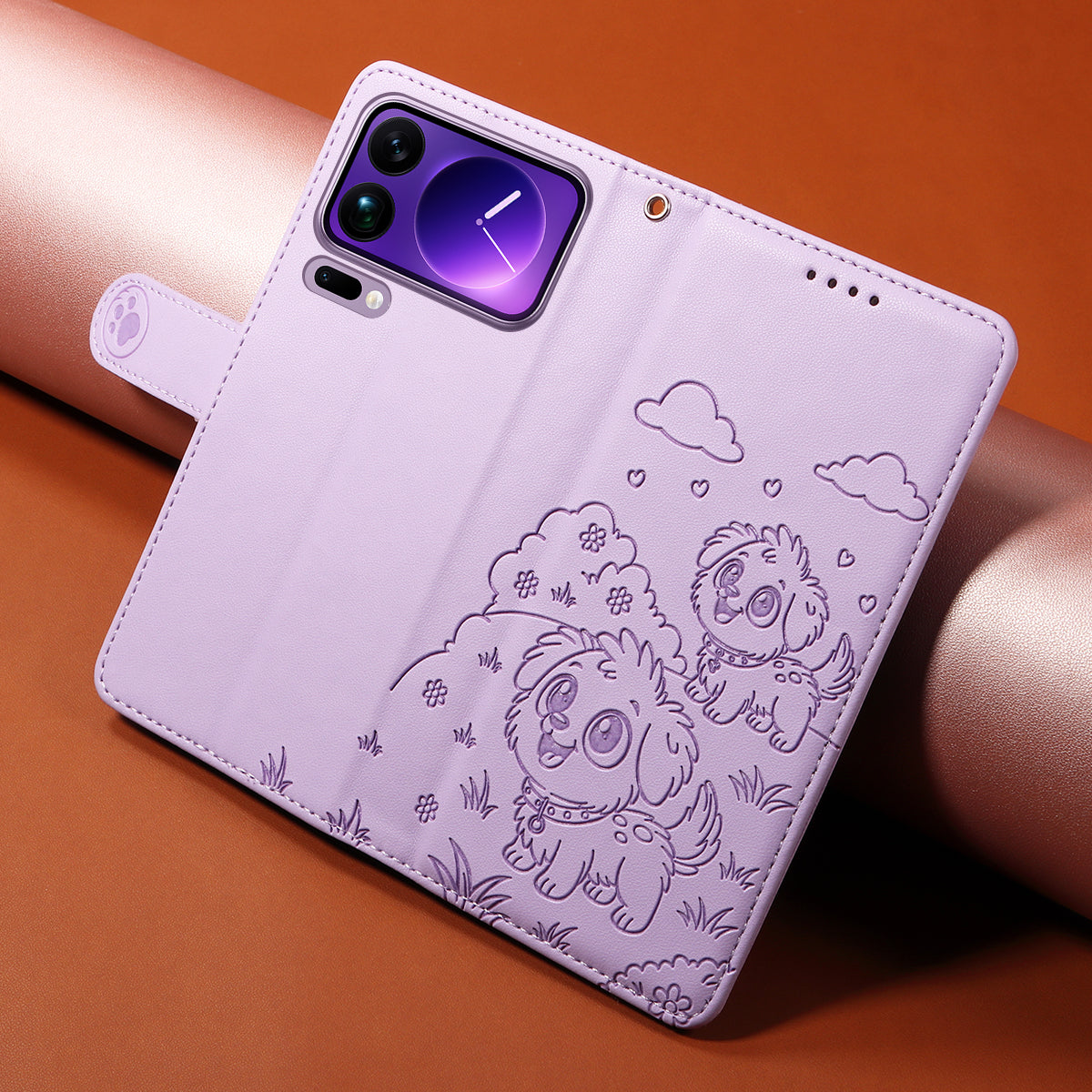 For Xiaomi 17 Pro Max Case RFID Blocking Imprinted Dog Pattern PU Leather Phone Cover with Wrist Strap - Purple