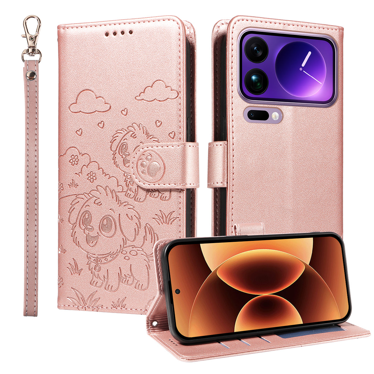 For Xiaomi 17 Pro Max Case RFID Blocking Imprinted Dog Pattern PU Leather Phone Cover with Wrist Strap - Pink