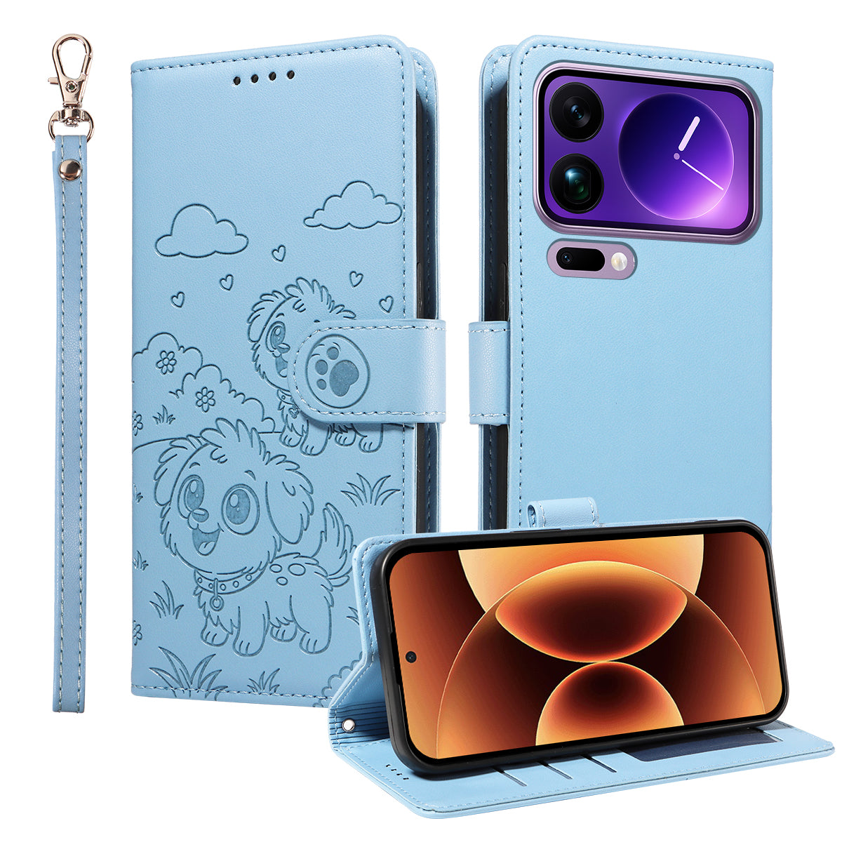 For Xiaomi 17 Pro Max Case RFID Blocking Imprinted Dog Pattern PU Leather Phone Cover with Wrist Strap - Blue