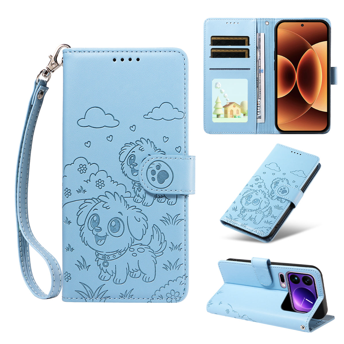 For Xiaomi 17 Pro Max Case RFID Blocking Imprinted Dog Pattern PU Leather Phone Cover with Wrist Strap - Blue
