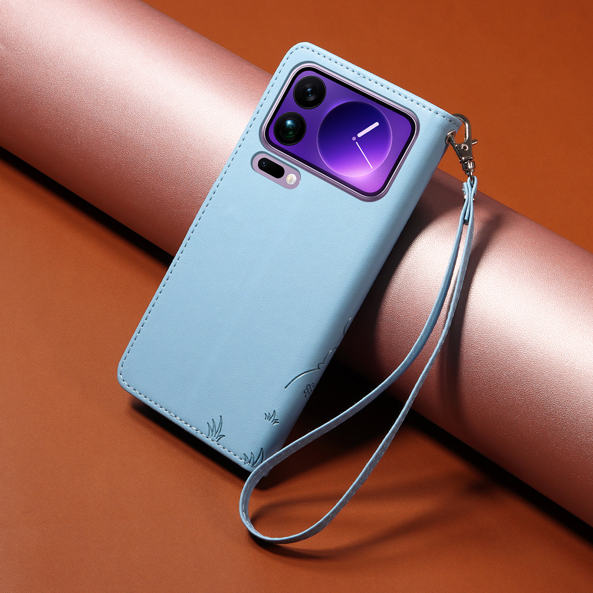For Xiaomi 17 Pro Max Case RFID Blocking Imprinted Dog Pattern PU Leather Phone Cover with Wrist Strap - Blue