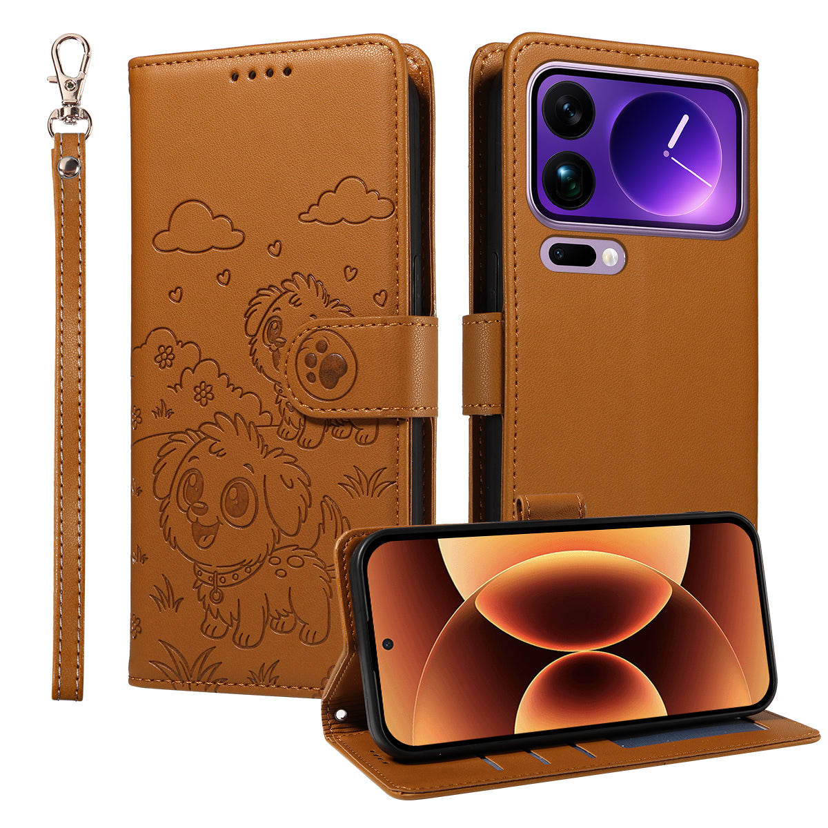 For Xiaomi 17 Pro Max Case RFID Blocking Imprinted Dog Pattern PU Leather Phone Cover with Wrist Strap - Brown