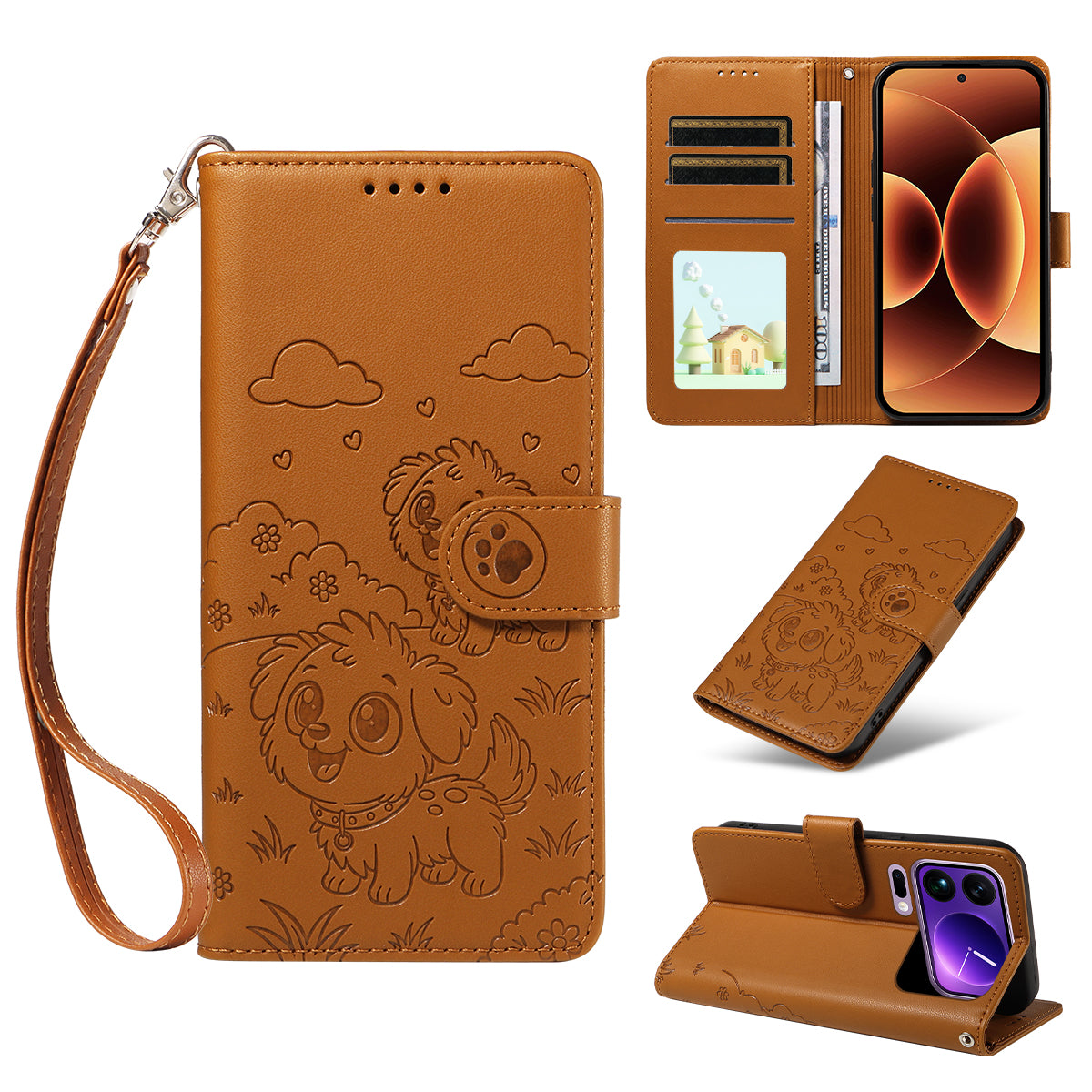 For Xiaomi 17 Pro Max Case RFID Blocking Imprinted Dog Pattern PU Leather Phone Cover with Wrist Strap - Brown