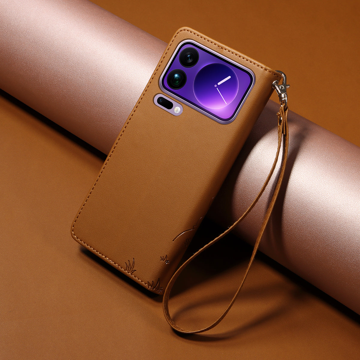 For Xiaomi 17 Pro Max Case RFID Blocking Imprinted Dog Pattern PU Leather Phone Cover with Wrist Strap - Brown