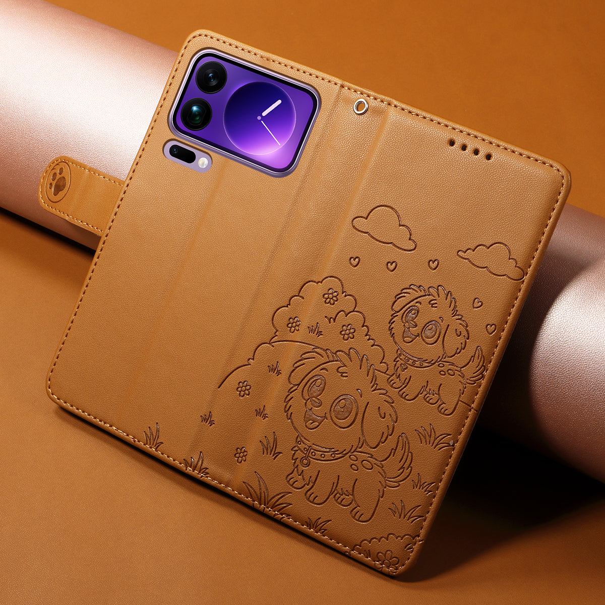For Xiaomi 17 Pro Max Case RFID Blocking Imprinted Dog Pattern PU Leather Phone Cover with Wrist Strap - Brown