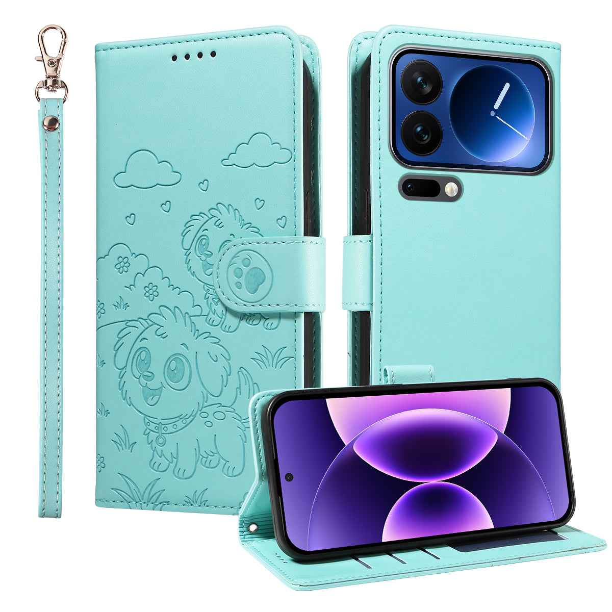 For Xiaomi 17 Pro Case RFID Blocking Imprinted Dog Pattern PU Leather Phone Cover with Wrist Strap - Green