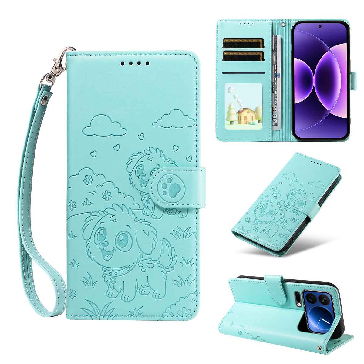 For Xiaomi 17 Pro Case RFID Blocking Imprinted Dog Pattern PU Leather Phone Cover with Wrist Strap - Green
