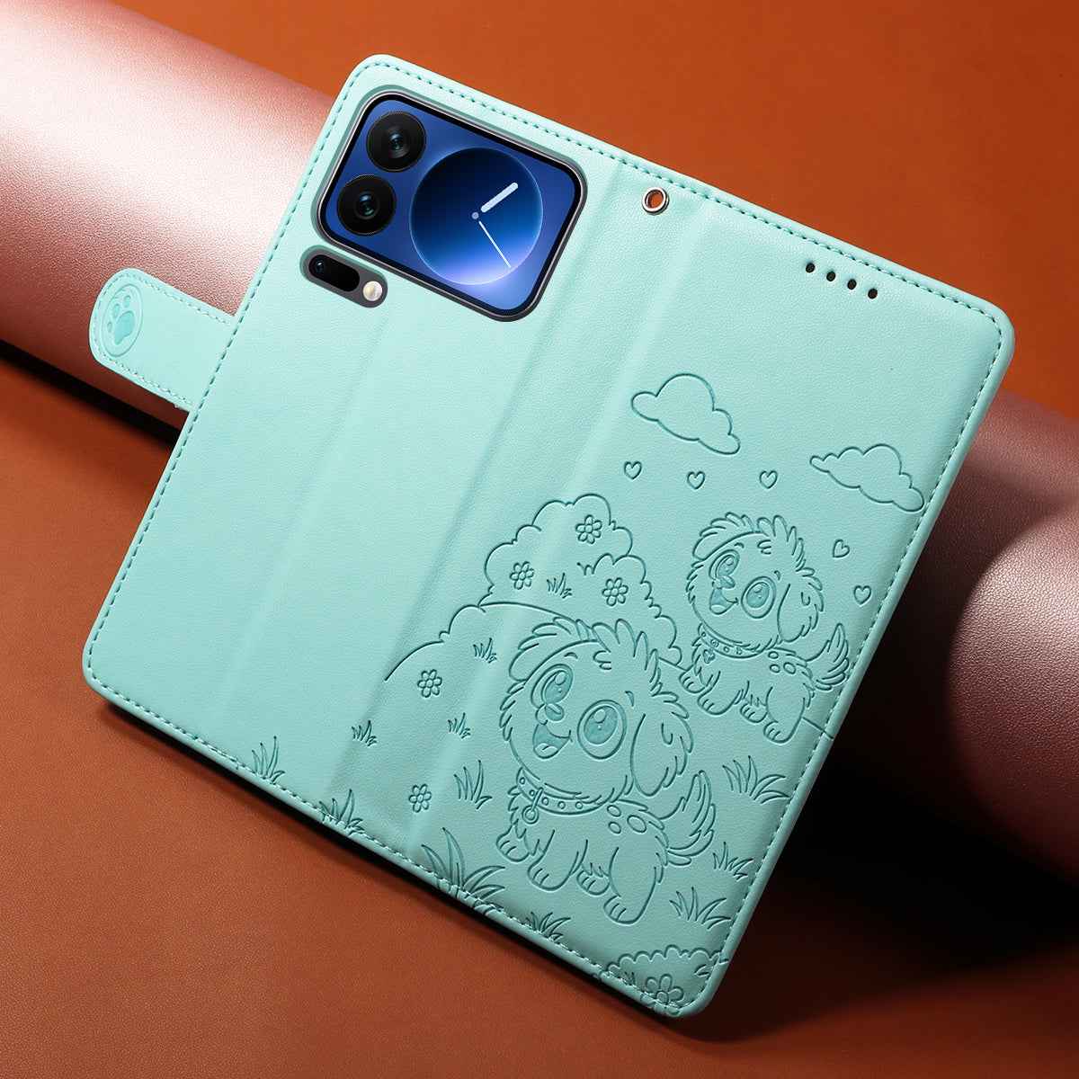For Xiaomi 17 Pro Case RFID Blocking Imprinted Dog Pattern PU Leather Phone Cover with Wrist Strap - Green