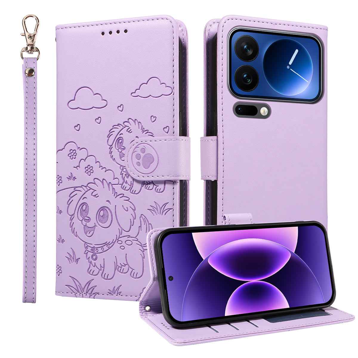 For Xiaomi 17 Pro Case RFID Blocking Imprinted Dog Pattern PU Leather Phone Cover with Wrist Strap - Purple