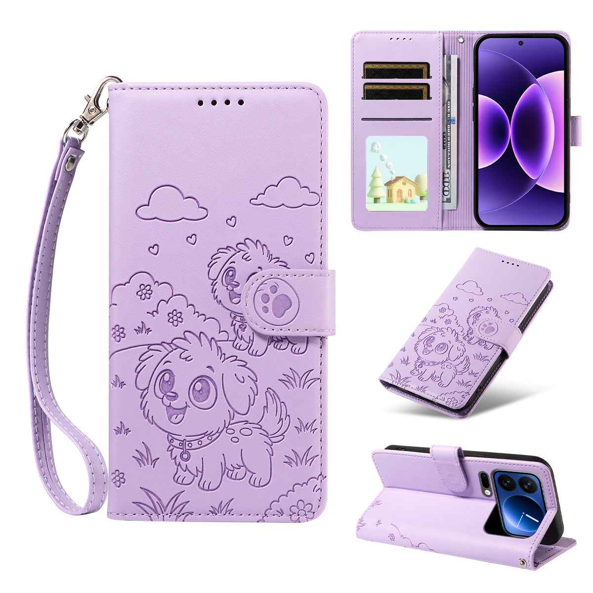 For Xiaomi 17 Pro Case RFID Blocking Imprinted Dog Pattern PU Leather Phone Cover with Wrist Strap - Purple