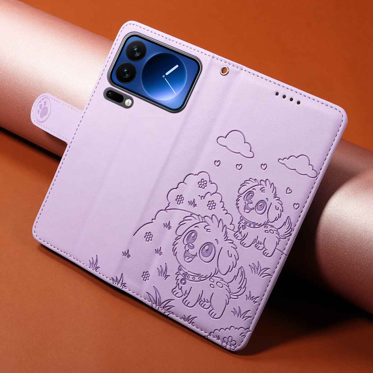 For Xiaomi 17 Pro Case RFID Blocking Imprinted Dog Pattern PU Leather Phone Cover with Wrist Strap - Purple