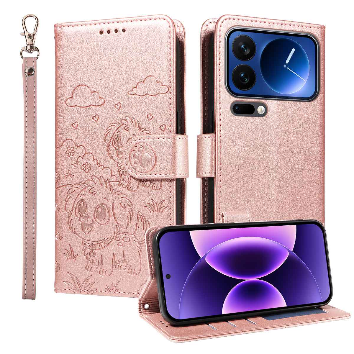 For Xiaomi 17 Pro Case RFID Blocking Imprinted Dog Pattern PU Leather Phone Cover with Wrist Strap - Pink