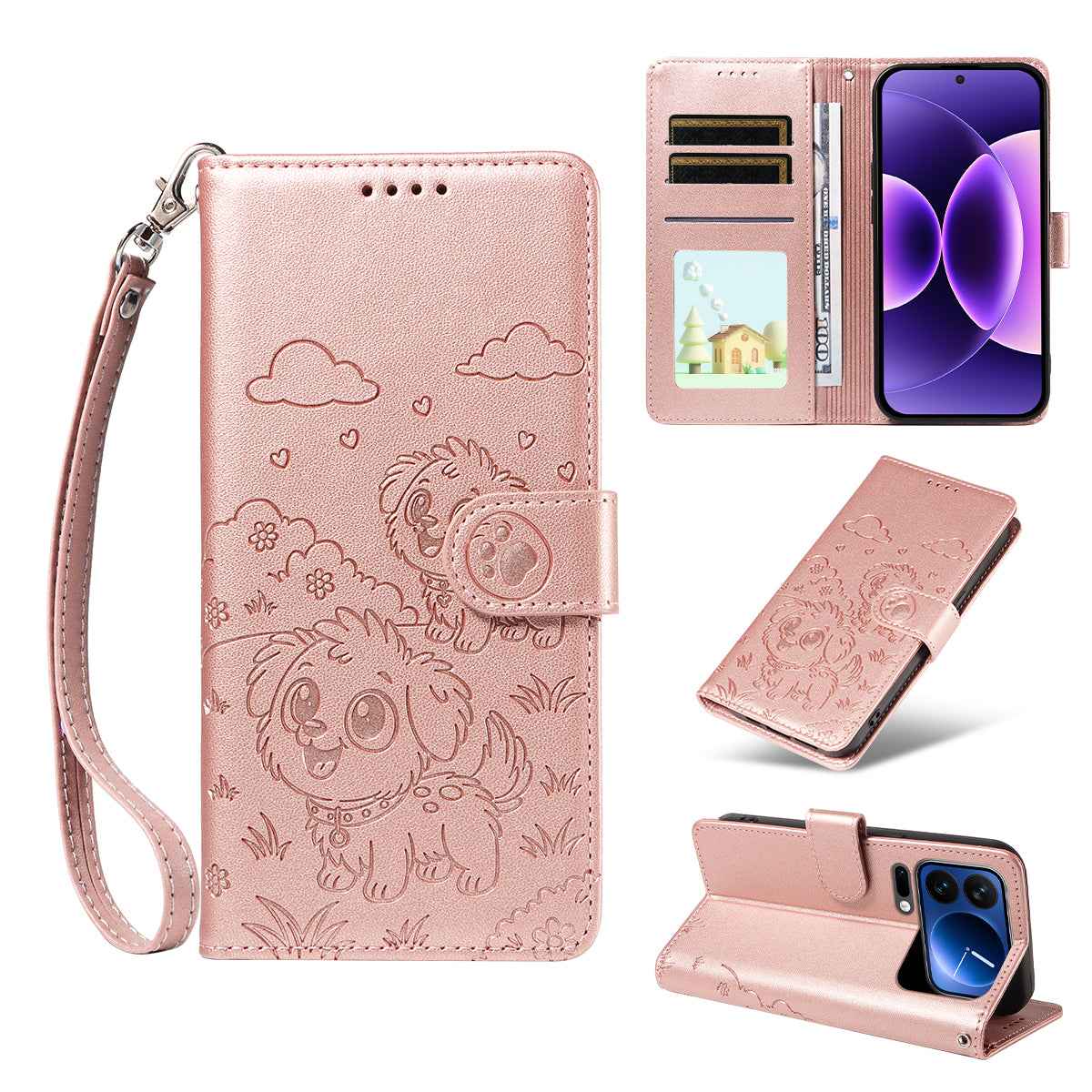 For Xiaomi 17 Pro Case RFID Blocking Imprinted Dog Pattern PU Leather Phone Cover with Wrist Strap - Pink