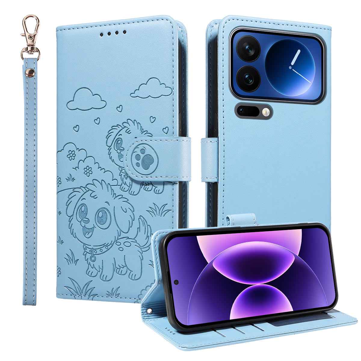 For Xiaomi 17 Pro Case RFID Blocking Imprinted Dog Pattern PU Leather Phone Cover with Wrist Strap - Blue