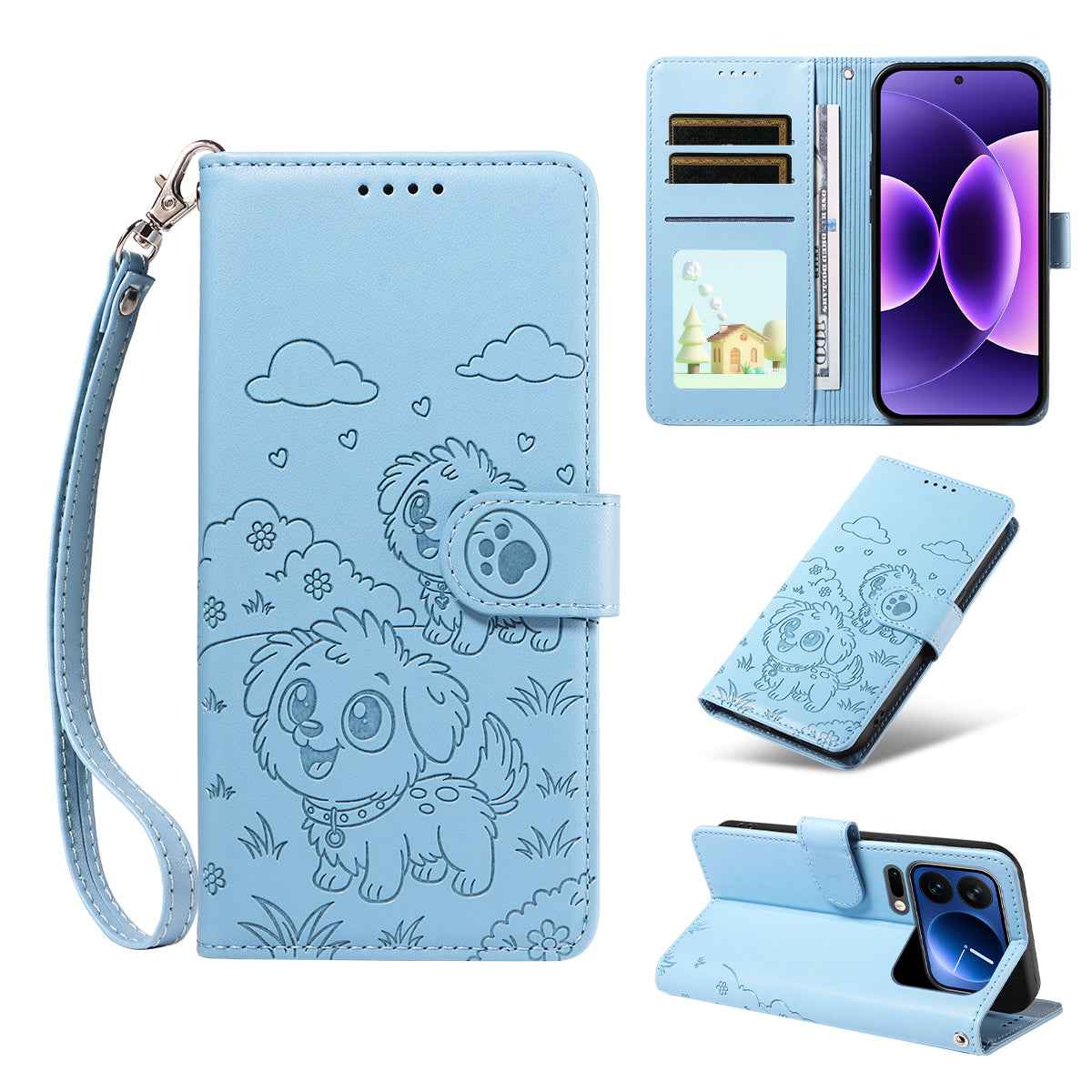 For Xiaomi 17 Pro Case RFID Blocking Imprinted Dog Pattern PU Leather Phone Cover with Wrist Strap - Blue