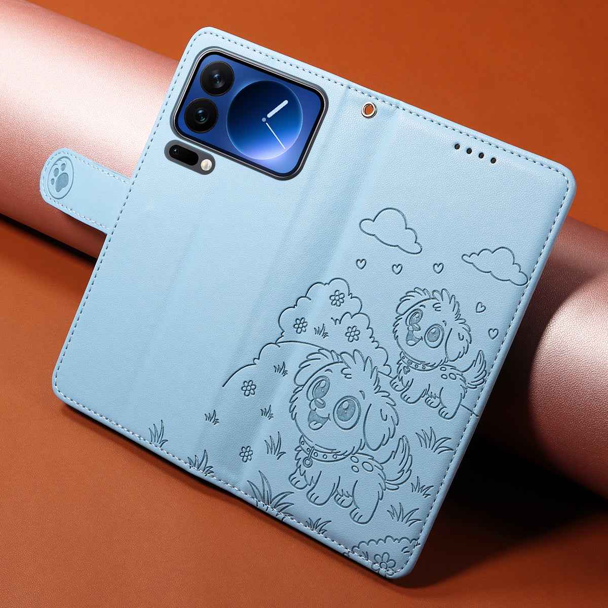For Xiaomi 17 Pro Case RFID Blocking Imprinted Dog Pattern PU Leather Phone Cover with Wrist Strap - Blue