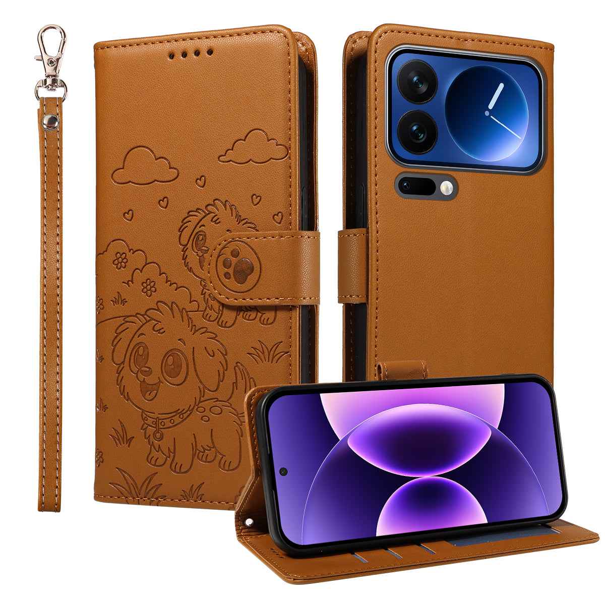 For Xiaomi 17 Pro Case RFID Blocking Imprinted Dog Pattern PU Leather Phone Cover with Wrist Strap - Brown