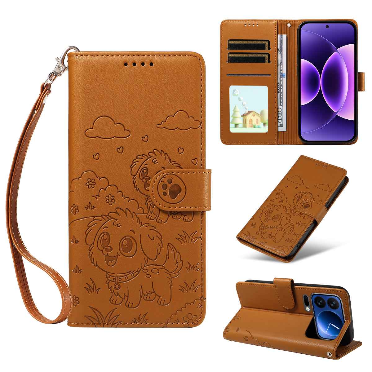 For Xiaomi 17 Pro Case RFID Blocking Imprinted Dog Pattern PU Leather Phone Cover with Wrist Strap - Brown
