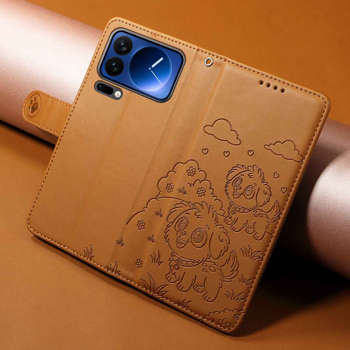 For Xiaomi 17 Pro Case RFID Blocking Imprinted Dog Pattern PU Leather Phone Cover with Wrist Strap - Brown