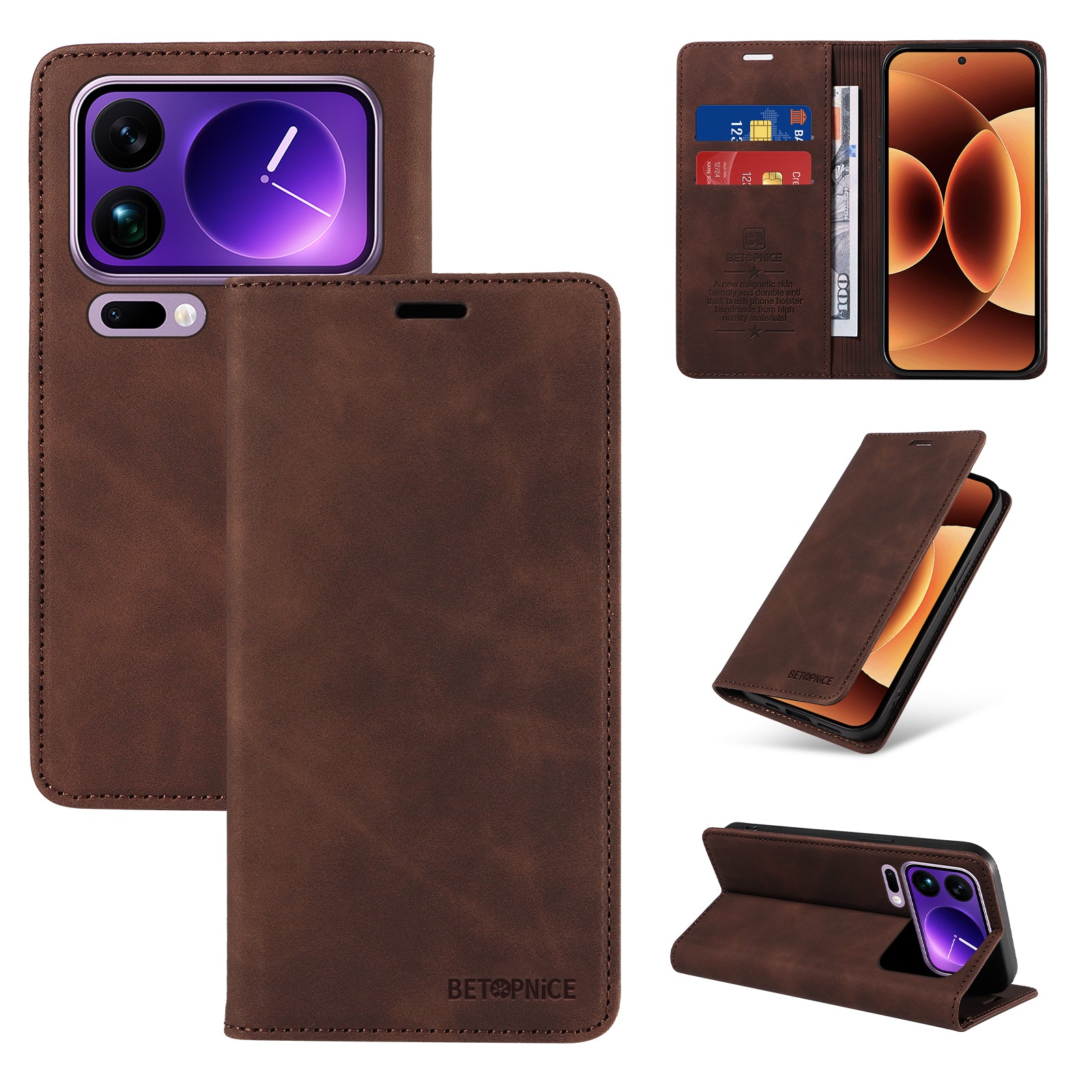 For Xiaomi 17 Pro Max Case BETOPNICE Magnetic Closure RFID Blocking Wallet Stand Leather Phone Cover - Brown