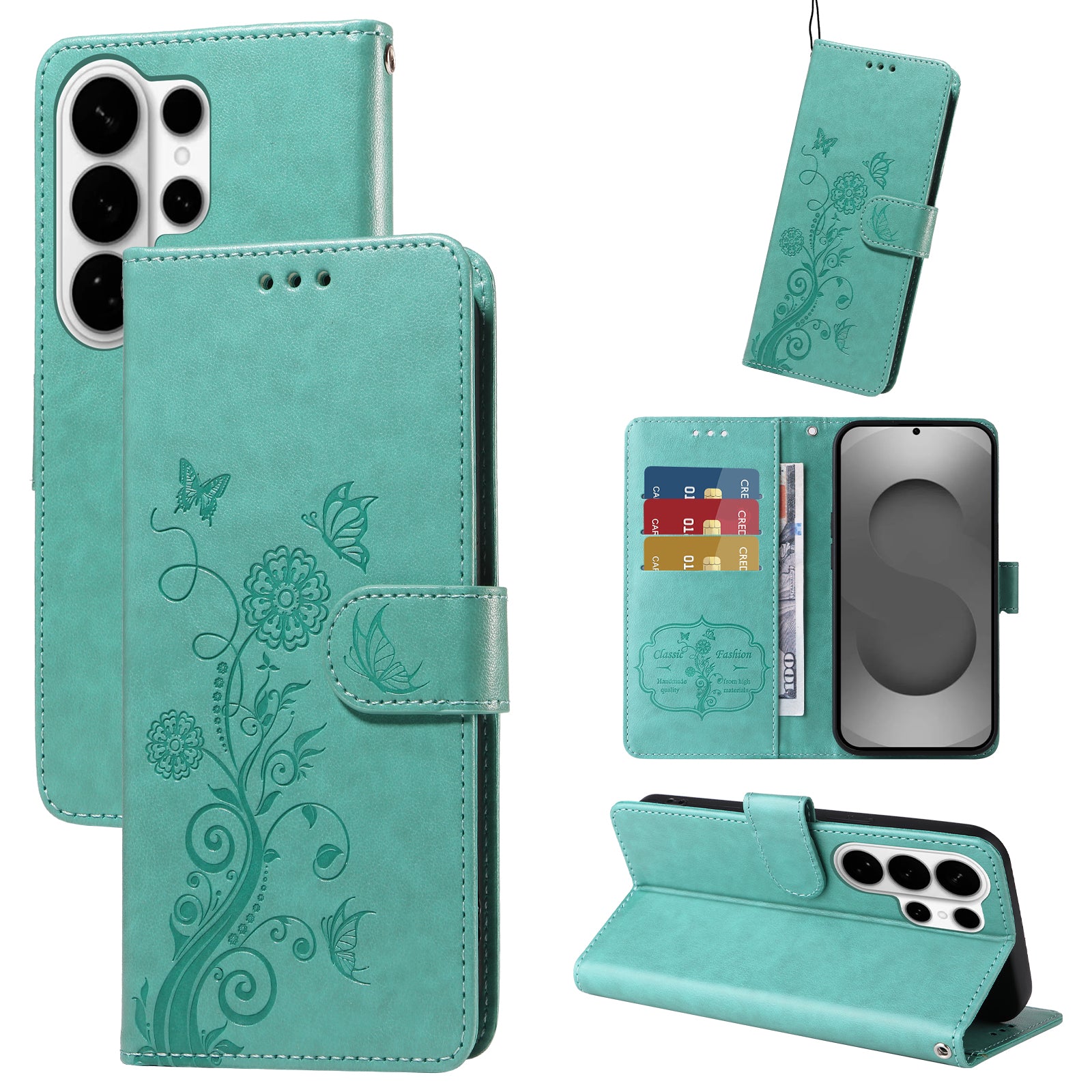 For-Samsung-Galaxy-S26-Ultra-Leather-Case-Butterfly-Floral-Imprint-Wallet-Stand-Cover-Green