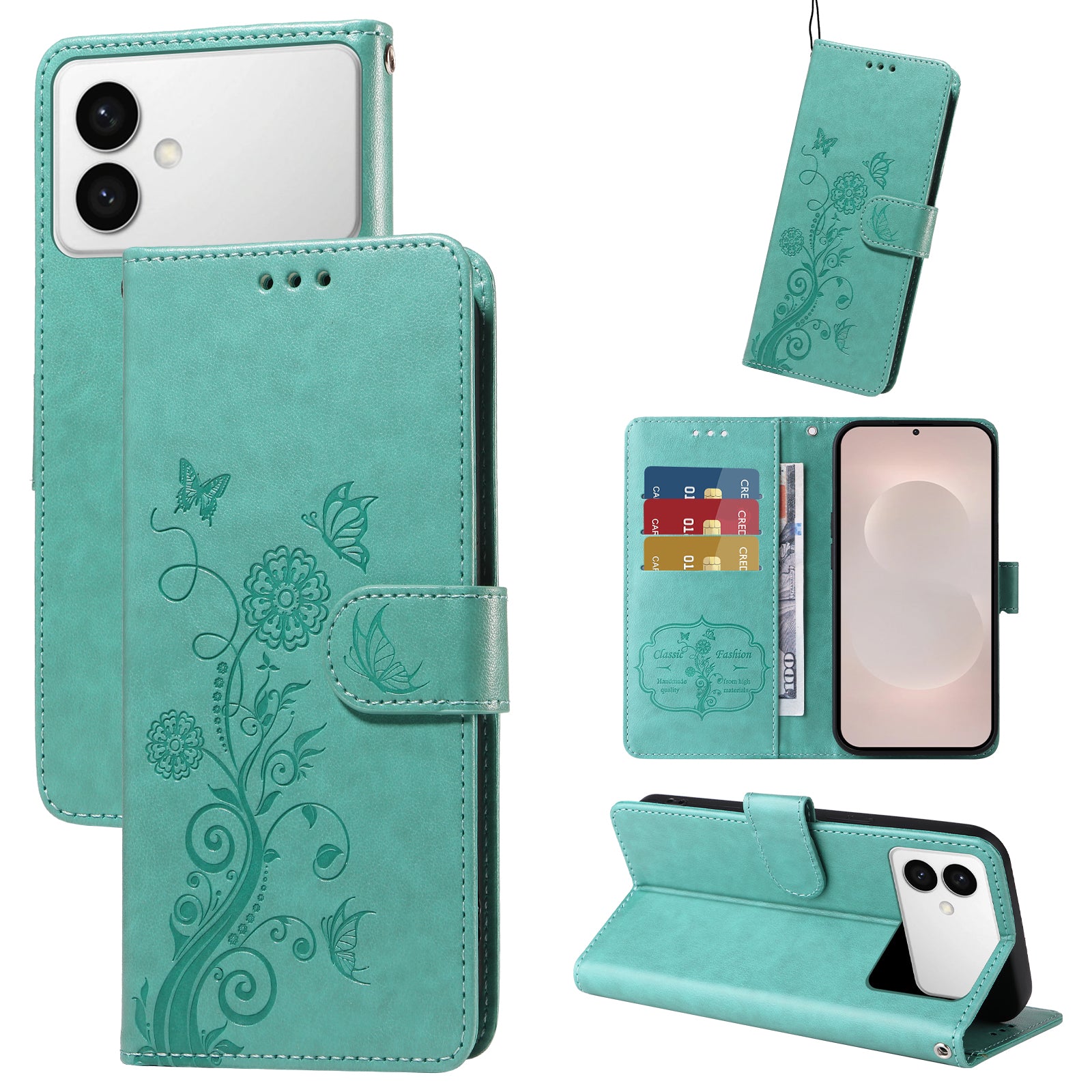 For-Samsung-Galaxy-S26-Edge-Leather-Case-Butterfly-Floral-Imprint-Wallet-Stand-Cover-Green