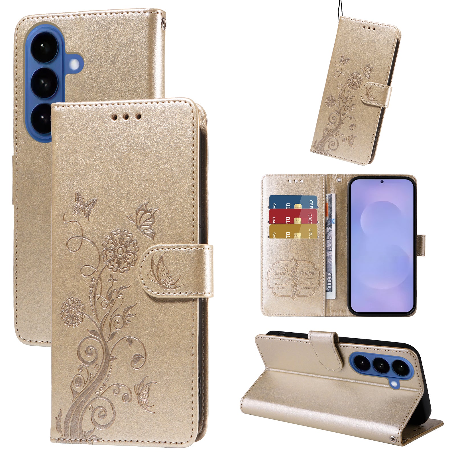 For-Samsung-Galaxy-S26-/-S26-Pro-Leather-Case-Butterfly-Floral-Imprint-Wallet-Stand-Cover-Golden