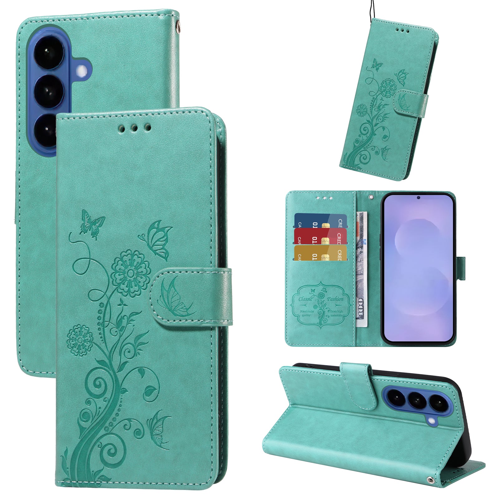 For-Samsung-Galaxy-S26-/-S26-Pro-Leather-Case-Butterfly-Floral-Imprint-Wallet-Stand-Cover-Green