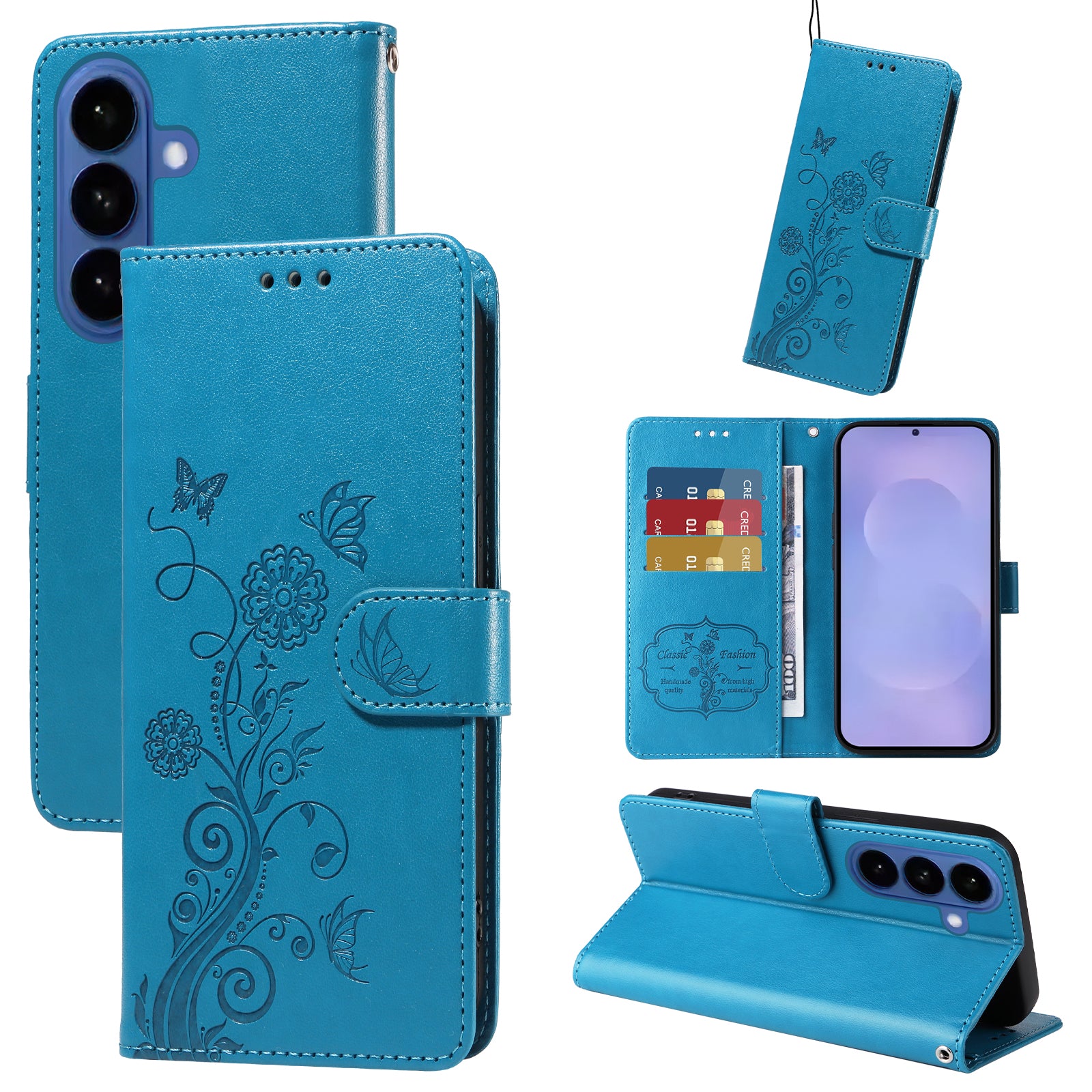 For-Samsung-Galaxy-S26-/-S26-Pro-Leather-Case-Butterfly-Floral-Imprint-Wallet-Stand-Cover-Blue