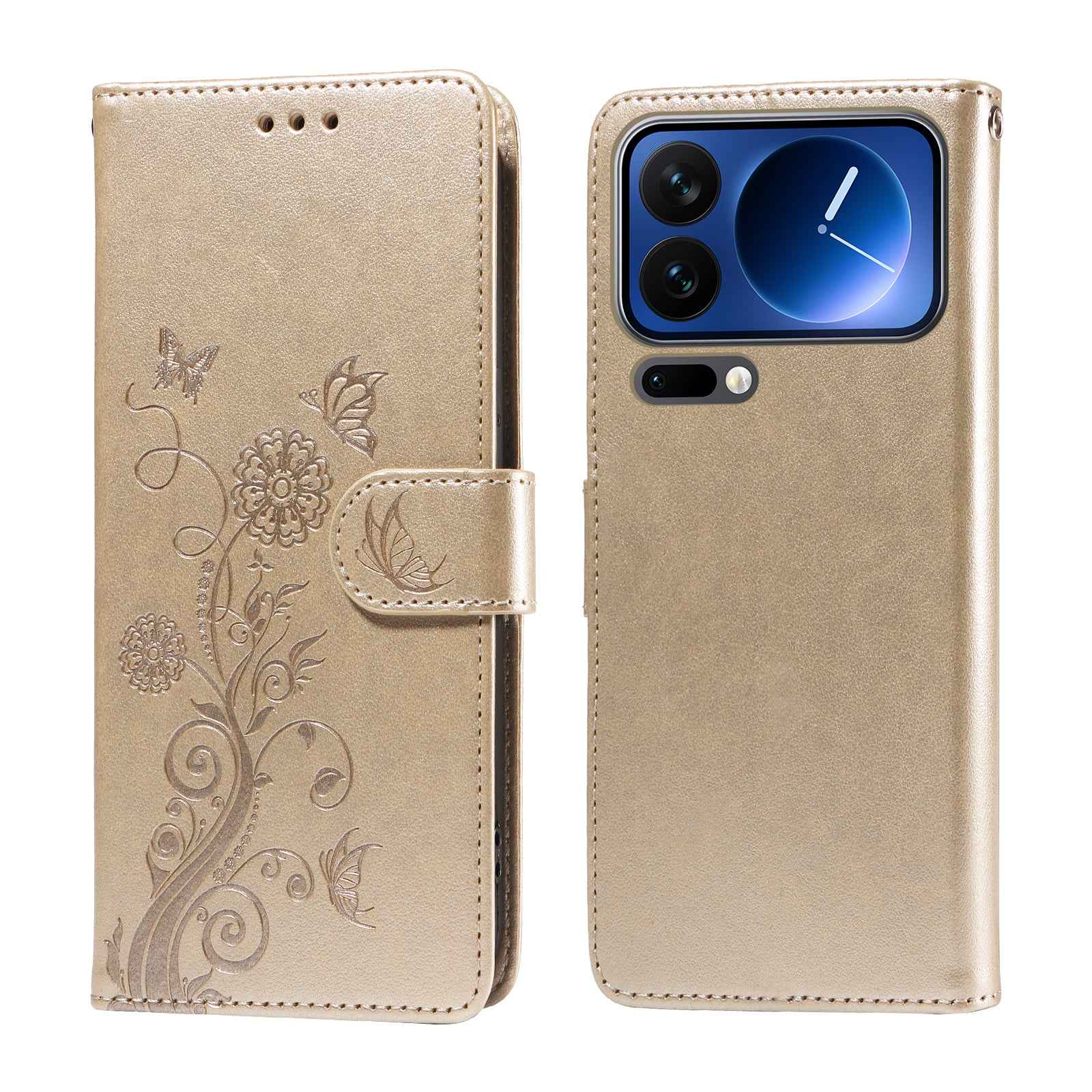 For Xiaomi 17 Pro Leather Case Butterfly Floral Imprint Wallet Stand Cover - Golden