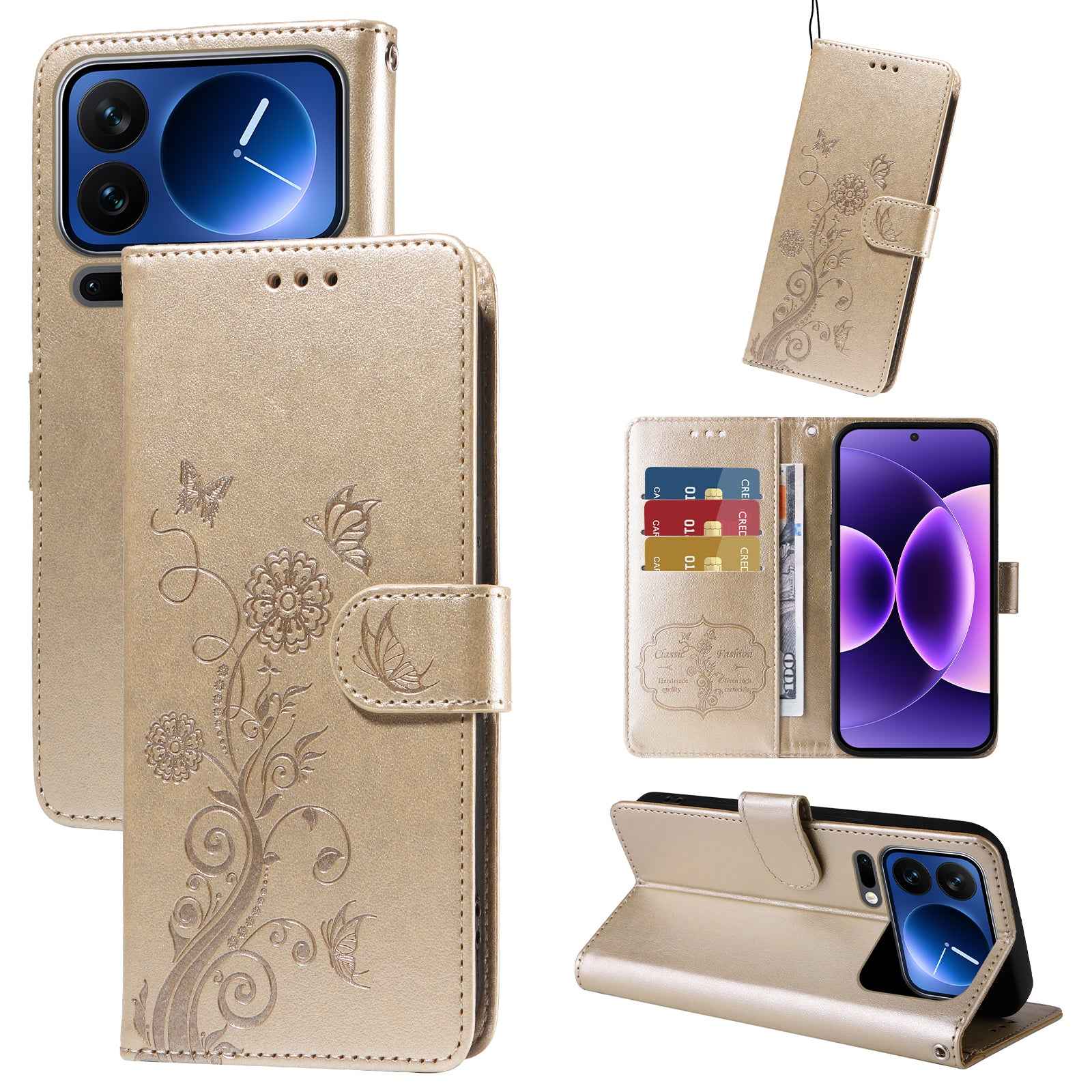 For Xiaomi 17 Pro Leather Case Butterfly Floral Imprint Wallet Stand Cover - Golden